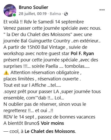 Chalet 2024 09 14 message facebook